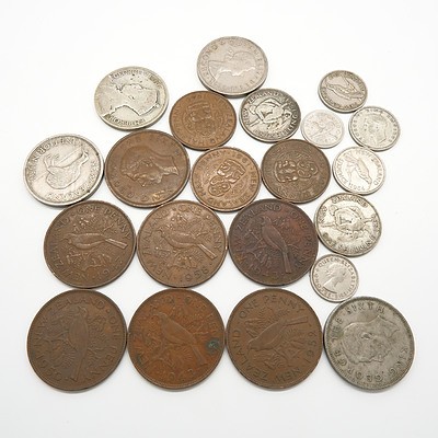 Group of New Zealand Coins, Including Pennies, Florin, Half Pennies, Sixpences and More