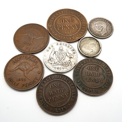Small Group of Coins, Including 1919 Penny, 1915 Half Penny, 1917 Shilling and More