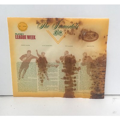 Box of Elliots Wines & Rugby League Week 1977 The Immortals Vintage Ports (1 of 4 Bottles Missing, Box Damaged)