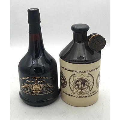 Lot of Bottle of Flagmast Commemorative 1987 Tawny Port & Crock of Mt Aitken Estates 1990 International Police Association Series One Port