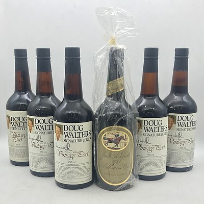 Case of 5x Tyrells 1979 Vintage Doug Walters Signature Series Vintage Port & 1x St Hallett's 1981 Melbourne Cup 