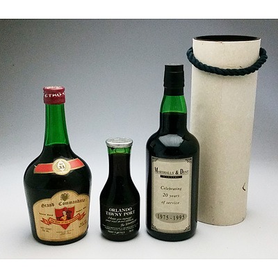 Marshal & Dent Lawyers Commemorative Liqueur muscat, Grand Commandaria Dessert Wine No 33 and a 300ml Orlando Tawny Port (3)