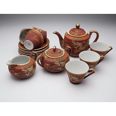 Japanese Moriage Enamel Decorated Porcelain Tea Set for Six, Mid 20th Century