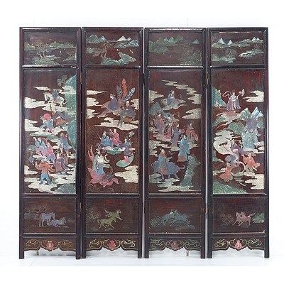Chinese Lacquer Fourfold Floor Screen, 20th Century