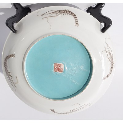 Chinese Famille Rose and Grisaille Goldfish and Shrimp Dish, Turquoise Glazed Base with Jiaqing Seal Mark, Qing Dynasty