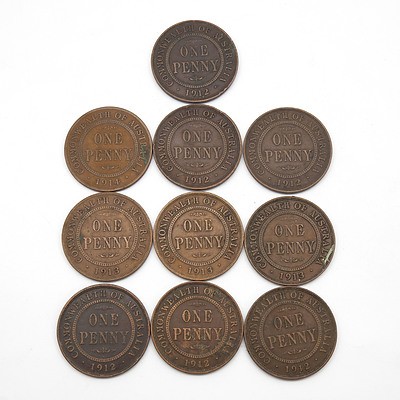 Ten Australian George V Pennies, 1912, 1913 and 1914