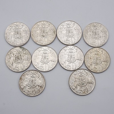 Ten Australian 1966 Silver Fifty Cent Coins