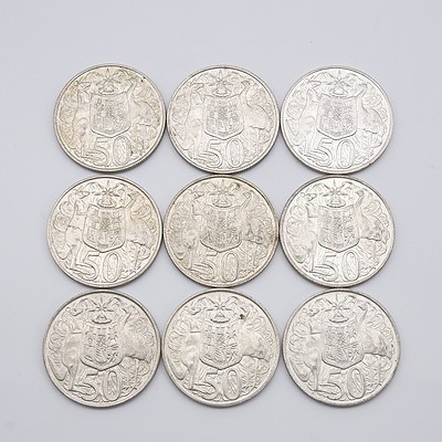 Nine Australian 1966 Silver Fifty Cent Coins