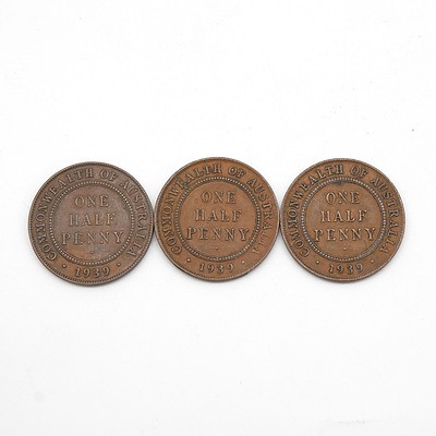 Three Australia George V Half Pennies 1939