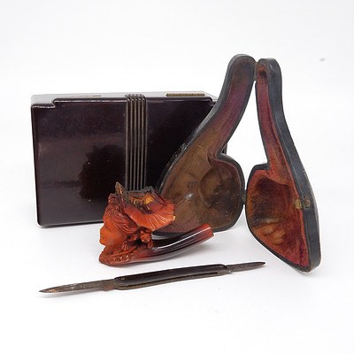 Antique Bakelite Figural Pipe, Tortoise Shell Knife and a Craven 'A' Bakelite Cigarette Box