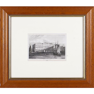 Two Framed Antiquarian English Engravings, Somerset House and New Customs House