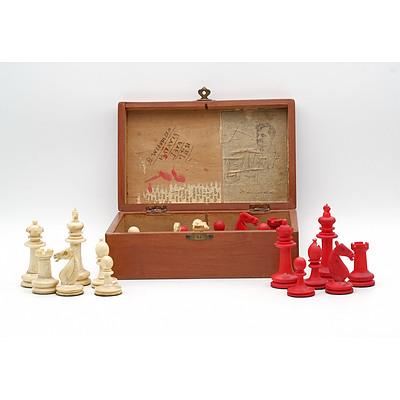 Chinese Export Complete Ivory Chess Set in Wood Box Inscribed Batavia 1921