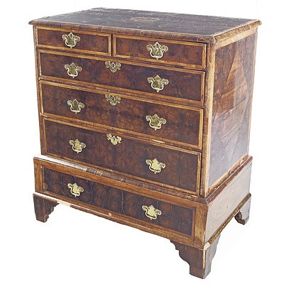 William & Mary Oyster Laburnum and Walnut Chest Circa 1700, Ex 1929 Burdekin House Exhibition (Label Verso) Catalogue No.25 