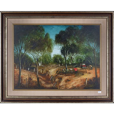 Pro Hart (1928-2006), The Holding Yards, Oil on Board