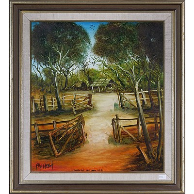 Pro Hart (1928-2006), Landscape and Open Gates, Oil on Board
