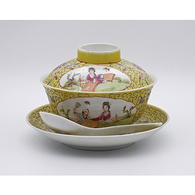 Chinese Famille Rose Covered Bowl and Saucer with Matching Spoon, Early 20th Century