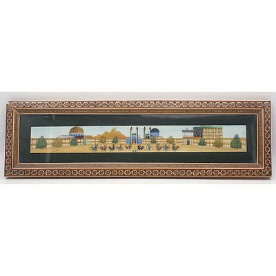 Signed Persian Miniature Painting of a Polo Match in Sadeli Work Inlaid Frame, Late 20th Century