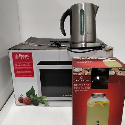 Russell Hobbs Microwave, Breville Electric Kettle, Crofton Beverage Dispenser