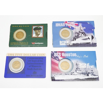Lot of Four $5 Coins Including Don Bradman 1996 Coin, 2002 HMAS Perth Coin, 2002 USS Houston Coin and 1994 100 Years of Enfranchisement of Women
