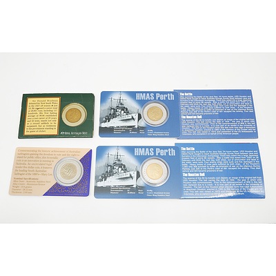 Lot of Four $5 Coins Including Don Bradman 1996 Coin, 2002 HMAS Perth Coin, 2002 USS Houston Coin and 1994 100 Years of Enfranchisement of Women