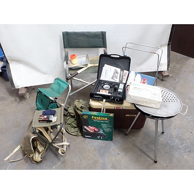 Quantity of BBQ and Camping Equipment Including Primus 9205 BBQ Burner, Portable Grill Plate, Jackeroo Cooler and More
