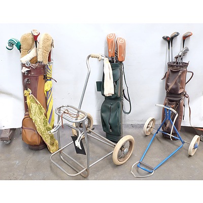 Three Golf Club Bags, Two Golf Trolleys and Assorted Golf Clubs including: P.G.F., K Knox Australia, Golden Goddess, Taipan and More