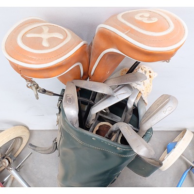 Three Golf Club Bags, Two Golf Trolleys and Assorted Golf Clubs including: P.G.F., K Knox Australia, Golden Goddess, Taipan and More