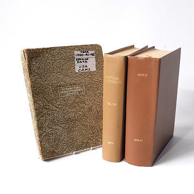 Three Vehicle Instructional Books including: Mechanical Specificatoins of 1940-1942 Passenger Car Models, Popular Motoring Vol. 18 1979, and Autofix 1975-1977.