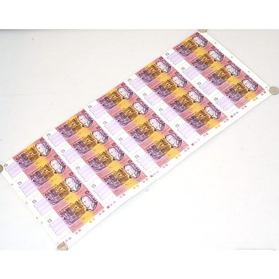 Uncut Half Sheet of Twenty Australian Fraser/ Higgins Five Dollar Notes