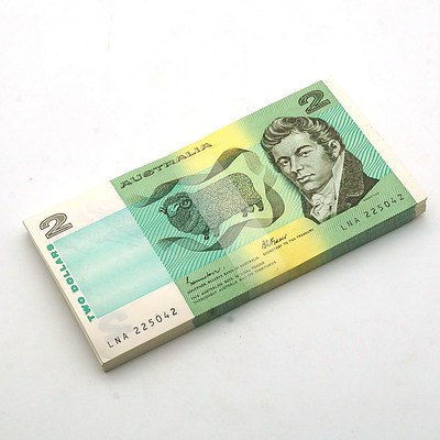 100 Consecutively Numbered Uncirculated $2 Johnston/Fraser Paper Notes LNA225042 - LNA225141