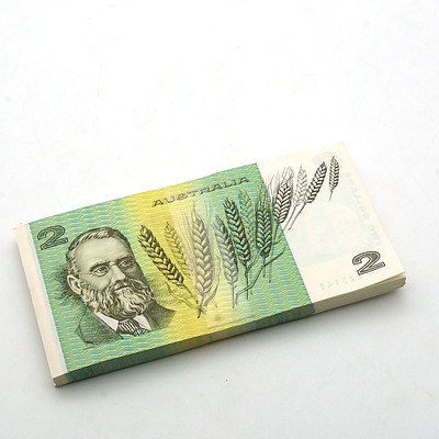 100 Consecutively Numbered Uncirculated $2 Johnston/Fraser Paper Notes LNA225042 - LNA225141