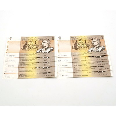 Ten Consecutively Numbered Australian Johnston/ Stone $1 Notes, DJF512480-DJF512489