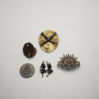 Five Australian Military Insignia Including Australian Army Engineers Collar Badge, Australian Army Hat Pin and More