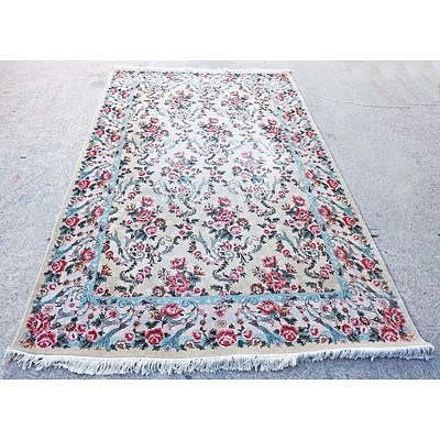 Large Persian Qum Finely Hand Knotted Wool Pile Flower Pattern Rug with an Ivory Ground