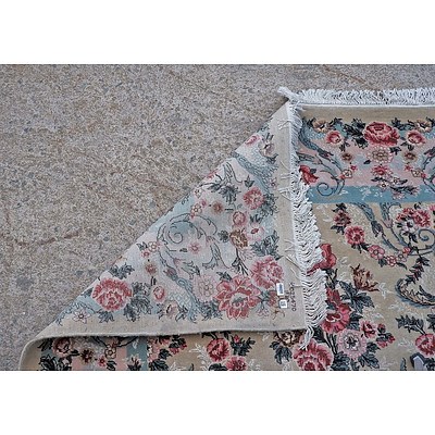 Large Persian Qum Finely Hand Knotted Wool Pile Flower Pattern Rug with an Ivory Ground