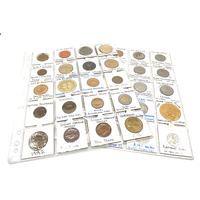 Two Pages of Medallions and Tokens, Including 1997 $1 Las Vegas Gaming Token, 1990 $2 Launceston Country Club Token and More