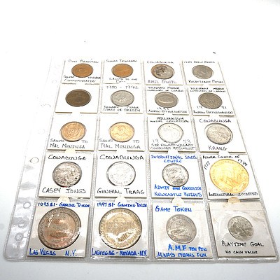 Two Pages of Medallions and Tokens, Including 1997 $1 Las Vegas Gaming Token, 1990 $2 Launceston Country Club Token and More
