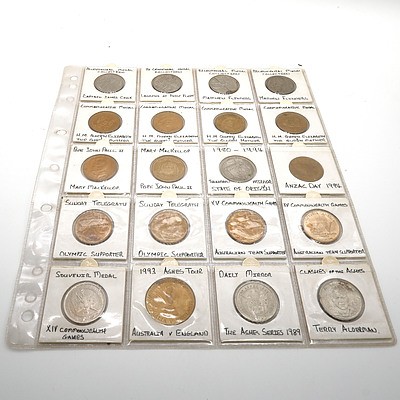 Three Sheets of Medallions and Tokens, Including 1988 Aussie Expo, 1991 Superstars of League Andrew Ettingshausen Token and More