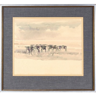 Valerie Crunden (Qld Artist - Dates Unknown) Cattle in a Landscape 1975, Watercolour