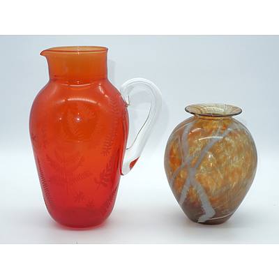 Budgeree Glass Vase and a Randall Etched Ruby Glass Water Pitcher with NGA Stamp to base