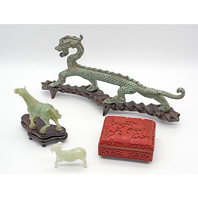 Group of Asian Artefacts, Including Serpentine Horse, Cinnabar Box