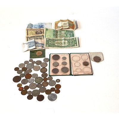 Selection of Australian and International Coins and Bank Notes Including Australian Shillings