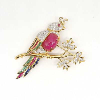 Magnificent 18ct Yellow Gold Bird Brooch with Diamonds, Rubies, Emeralds and Sapphires
