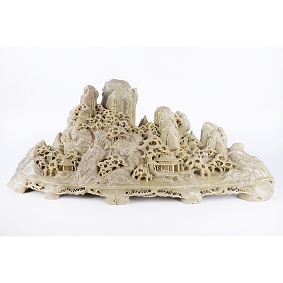 Massive Chinese Carved Soapstone Mountain, 20th Century, Length 72cm