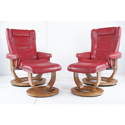 Pair of Moran Active Comfort Red Leather Upholstered Armchairs with Foot Stools