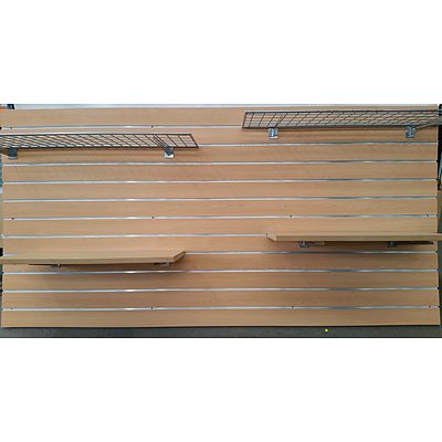 Four Slatwall Shelving Panels With Rails and Shelves