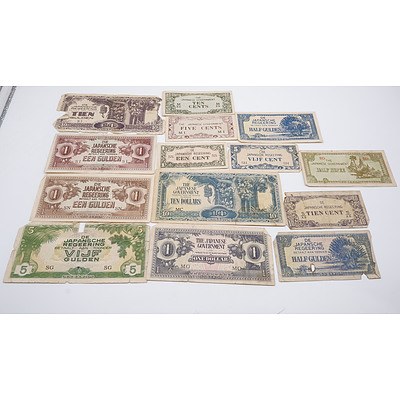 Group of WWII Japanese Occupation Currency, Including $10 Note, Half Gulden and More