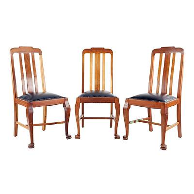 Three Tasmanian Blackwood and Leather Upholstered Slat Back Dining Chairs Circa 1920s