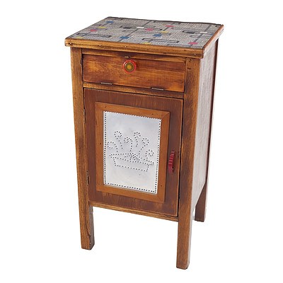 Rustic Australian Small Cupboard with Linoleum Top and Pierced Tin Panel