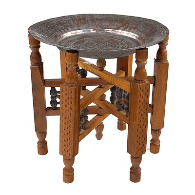 Small Middle Eastern Caravan Table with Folding Base and Tinned Copper Top, Early 20th Century